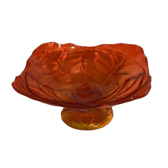 Viking Amberina Orange Yellow Glass Handblown Pedestal Bowl Dish 8" MCM Decor - Picture 2 of 13